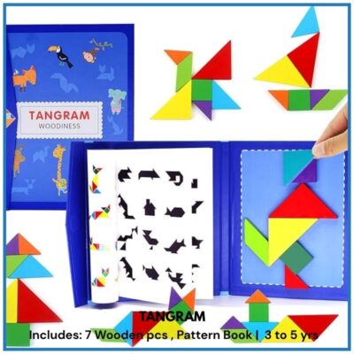 Wooden Pattern Tangram Magnetic Puzzle Shape Blocks Jigsaw Book Brain Teasers Stacking Games Early Educational Learning Challenge IQ Toy Gift for Kid Toddlers Age 3+ Years Old